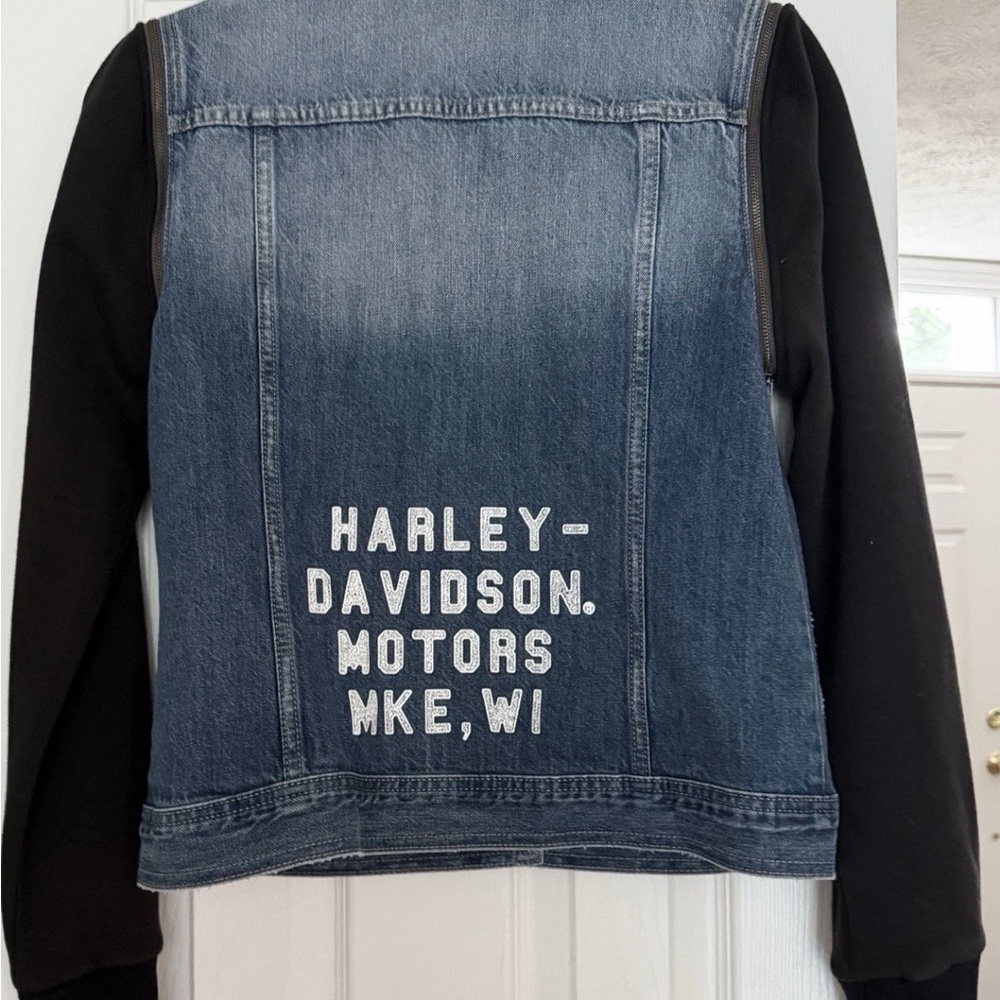 Harley-Davidson Blue Denim & Black Sleeve Hoodie Jacket, Size Small - Picture 7 of 8